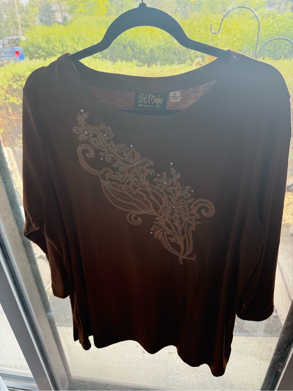 Bob Mackie Brown Floral Embellished Tunic Top